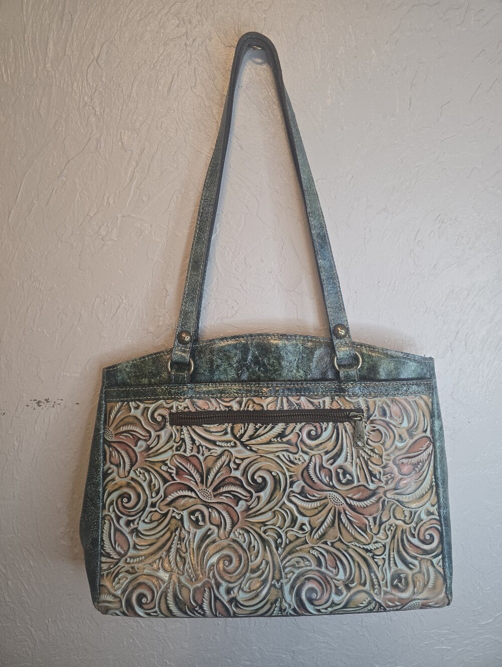 Patricia Nash Tooled Floral Tote Bag Distressed Teal Brown Leather Shoulder Purs